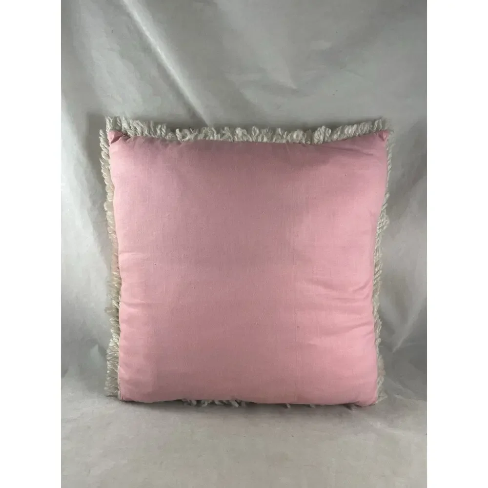 Floral Latch Hook Throw Pillow 13 x 13 Handmade Multicolor Pink Back Vintage 70s